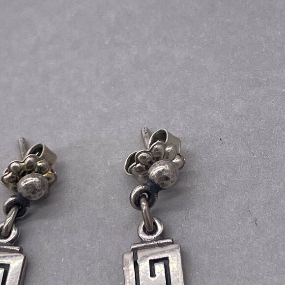 925 Sterling Silver Square Greek Key Dangle Drop Earrings Butterfly Closure - Picture 3 of 5